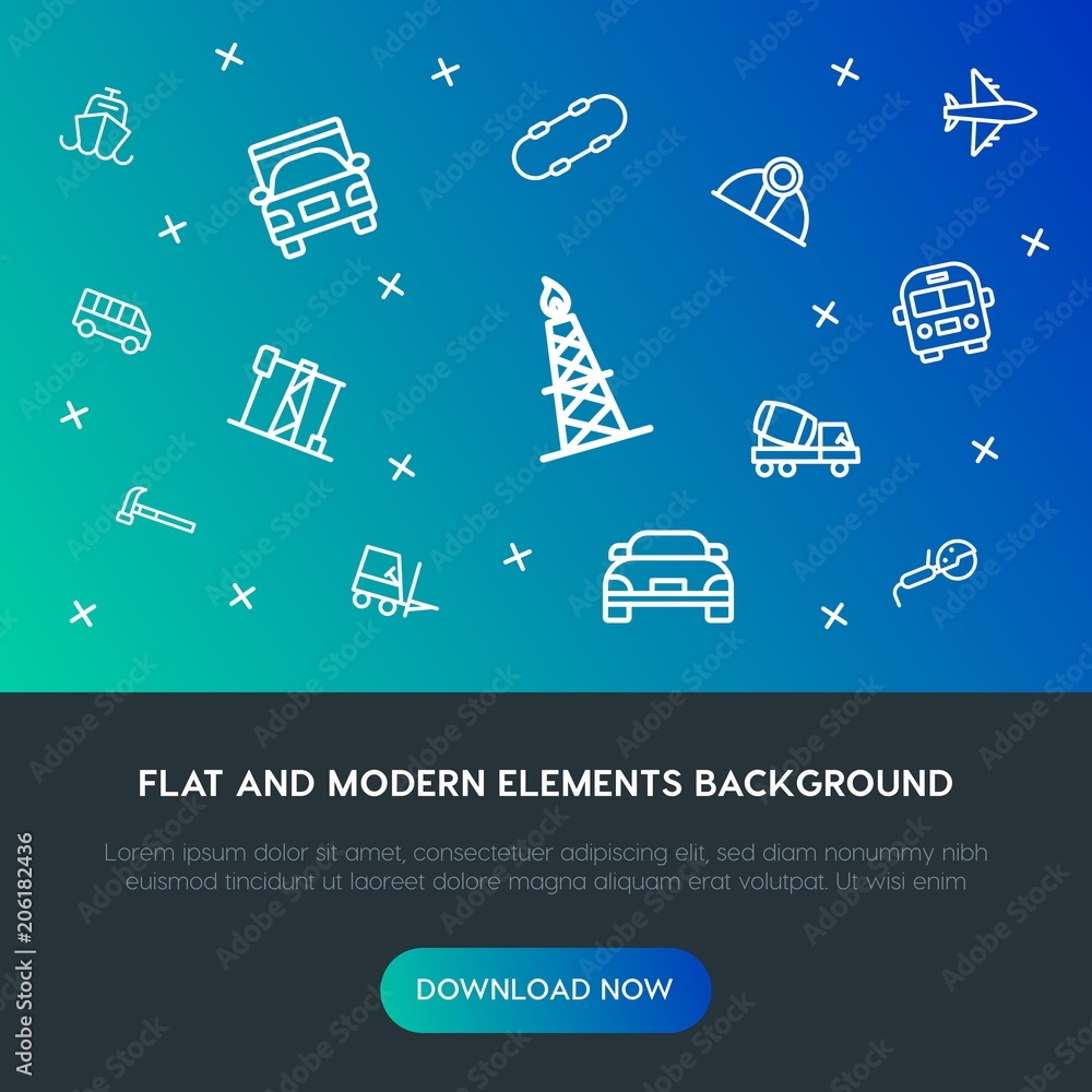 Poster transports, industry outline vector icons and elements background concept on gradient background.mul