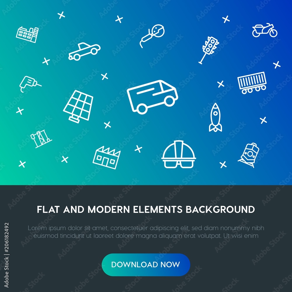 Poster transports, industry outline vector icons and elements background concept on gradient background.mul