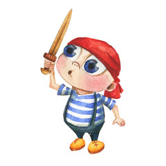 A cute and little boy who looks like a pirate. He keeps  a wood sword. Watercolor hand drawn illustration.