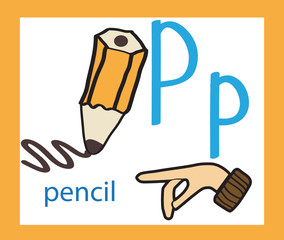 Creative English alphabet. ABC concept. Sign language and alphabet. Cartoon letter P. 