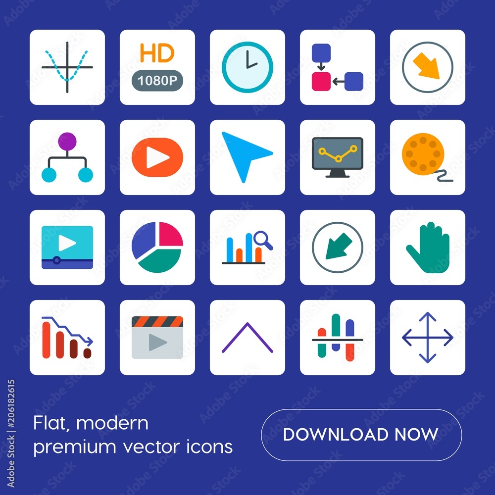Poster modern simple set of arrows, charts, video, cursors vector flat icons. contains such icons as data, 