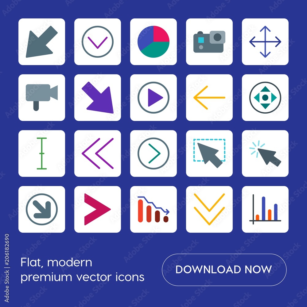 Poster modern simple set of arrows, charts, video, cursors vector flat icons. contains such icons as text, 
