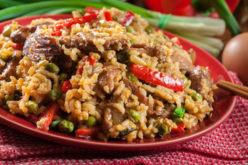 Fried rice with chicken and vegetables served on a plate