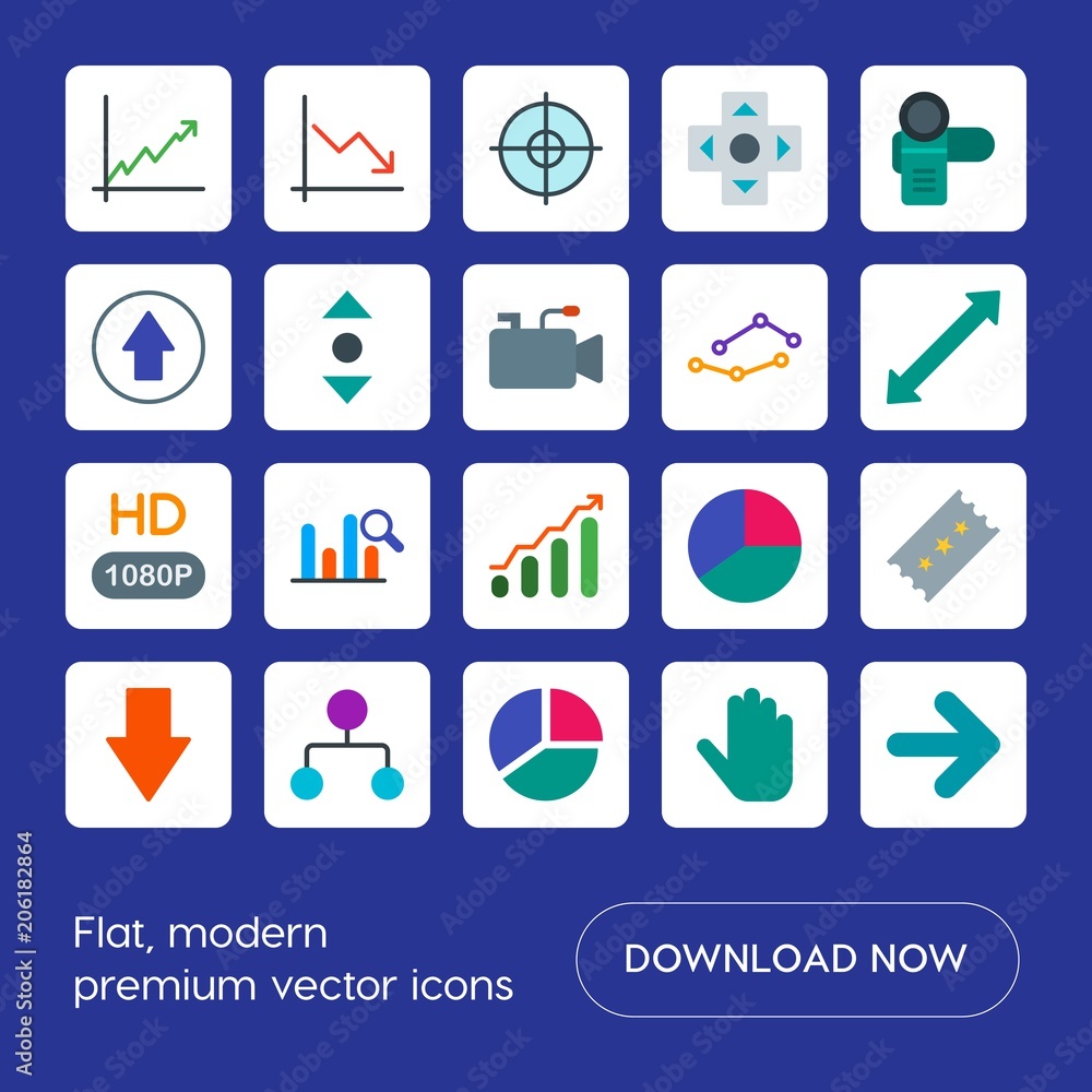 Poster modern simple set of arrows, charts, video, cursors vector flat icons. contains such icons as cursor