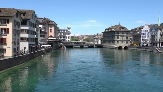 ZURICH, SWITZERLAND - JULY 04, 2017: View of historic Zurich city center, Limmat river and Zurich lake, Switzerland. Zurich is a leading global city and among the world's largest financial center.