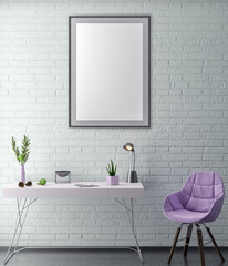 Mock up poster frame in hipster interior background and brick wall, 3D illustration