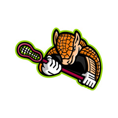 Mascot icon illustration of an Armadillo, a placental mammal in the order Cingulata with a leathery armor shell, holding a lacrosse stick viewed from side on isolated background in retro style.