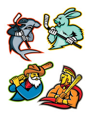 Mascot icon illustration set of  baseball and ice hockey team mascots showing a hammerhead shark and jackrabbit or hare ice hockey player, miner and Trojan or Spartan warrior baseball player viewed fr