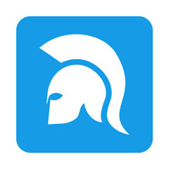 Icono plano casco espartano en cuadrado azul