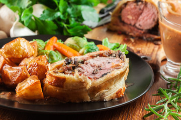 Pork tenderloin in wellington style in puff pastry