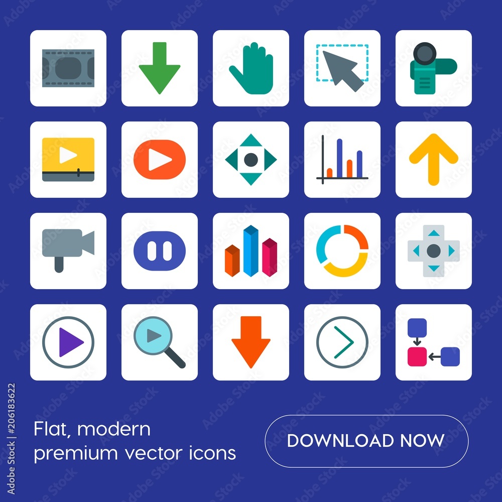 Poster modern simple set of arrows, charts, video, cursors vector flat icons. contains such icons as player