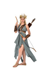 full length portrait of pretty blonde lady wearing fantasy toga gown,  and holding a bow and arrow. standing pose on white background.