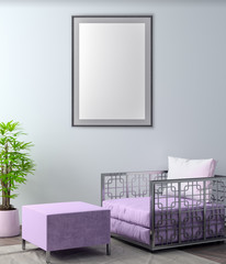 Mock up poster frame in hipster interior background, 3D illustration