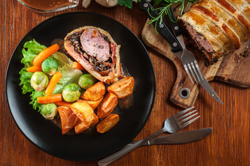 Pork tenderloin in wellington style in puff pastry