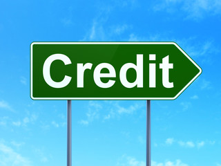 Business concept: Credit on green road highway sign, clear blue sky background, 3D rendering