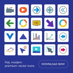 Modern Simple Set of arrows, charts, video, cursors Vector flat Icons. Contains such Icons as  center,  pointer,  success, right,  dots,  up and more on blue background. Fully Editable. Pixel Perfect