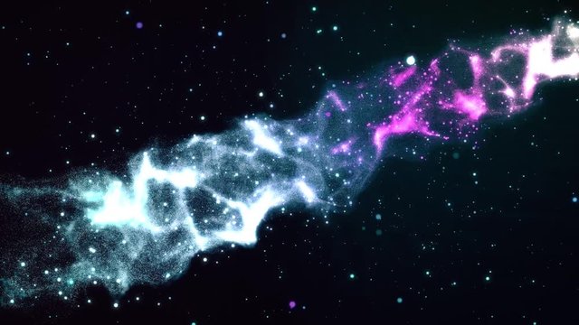 3D animation of colorful blue nebula with stars, space clouds and gas. Rays of light shine through star fields in ddep space. Sci-fi motion graphics dynamic background. Space and universe concept