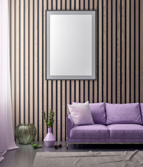 Mock up poster frame in hipster interior background in pink colors and wood wall planks, 3D illustration