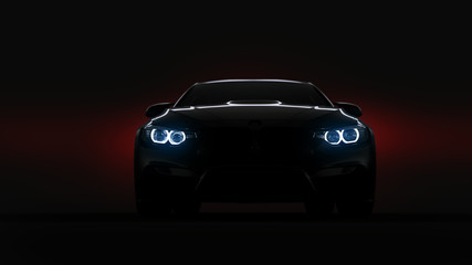 Fototapeta na wymiar silhouette of black sports car with headlights on black background, photorealistic 3d render, generic design, non-branded