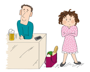 Woman angry with her husband. Woman is standing with her arms crossed, full shopping bag next to her. Man is standing and smiling, full glass of beer in front of him.