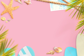 Summer vacation scene with pastel colors. Palm branches, slippers, shells, surf boards, ropes, map...