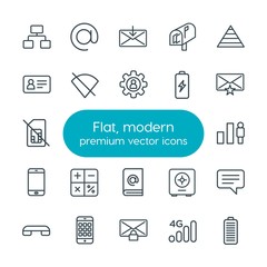 Modern Simple Set of business, charts, mobile, email Vector outline Icons. Contains such Icons as  message, mail,  4g,  mail, call,  chat and more on white background. Fully Editable. Pixel Perfect