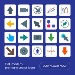 Modern Simple Set of arrows, charts, video, cursors Vector flat Icons. Contains such Icons as  technology,  circle,  business, disc,  next,  and more on blue background. Fully Editable. Pixel Perfect