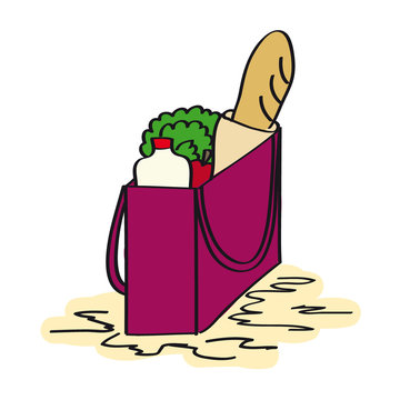 recommend clip art: Shopping bag with groceries. Baguette, bottle of milk, salad lettuce and apple. Original hand drawn illustration.