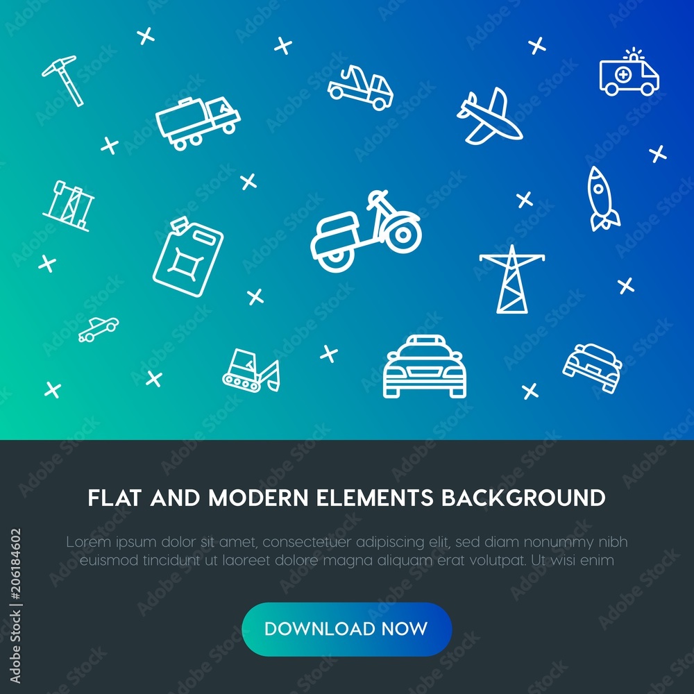 Poster transports, industry outline vector icons and elements background concept on gradient background.mul