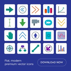 Modern Simple Set of arrows, charts, video, cursors Vector flat Icons. Contains such Icons as bar, text,  3d, dvd,  up,  goal,  bar, left, up and more on blue background. Fully Editable. Pixel Perfect