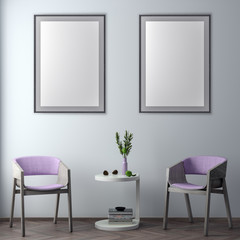 Mock up poster frame in hipster interior background, 3D illustration