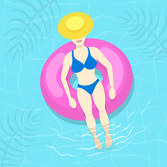 Woman in hat and bikini enjoying swimming pool laying on inflatable ring.