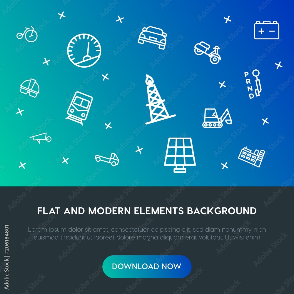 Poster transports, industry outline vector icons and elements background concept on gradient background.mul
