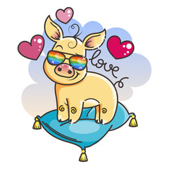 Cute cartoon golden baby pig in a cool rainbow glasses