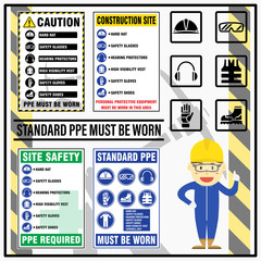 Set of site safety mandatory standard personal protective equipment (PPE) requirement signs. Safety caution signs - personal protective equipment must be worn in this area.
