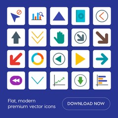 Modern Simple Set of arrows, charts, video, cursors Vector flat Icons. Contains such Icons as  vertical,  information,  web,  disc, left,  cd and more on blue background. Fully Editable. Pixel Perfect