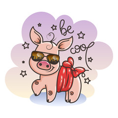 Cute cartoon baby pig in a cool sunglasses