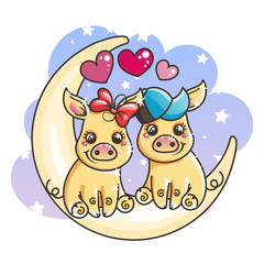 Naklejka premium Cute cartoon golden baby pigs in love on a Moon
