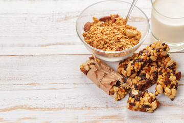 Granola bar on wooden background