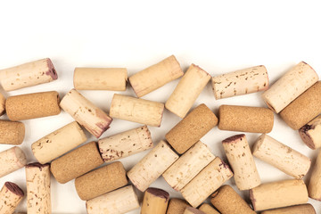 Wine corks on a white background with copy space