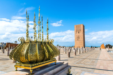 Beautiful square with Hassan tower at Mausoleum of Mohammed V in Rabat, Morocco on sunny day