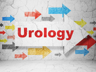 Health concept:  arrow with Urology on grunge textured concrete wall background, 3D rendering