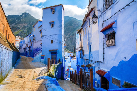 Amazing view of the street in the blue city of Chefchaouen. Location: Chefchaouen, Morocco, Africa. Artistic picture. Beauty world