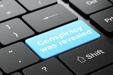 Fototapeta premium Political concept: computer keyboard with word Conspiracy Was Revealed, selected focus on enter button background, 3D rendering