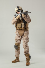 Soldier in camouflage holding rifle