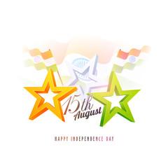 Stylish 3D Stars in  Saffron, White and Green Color and Indian Waving Flags. Indian Independence Day celebration concept.