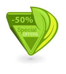 Green triangular Eco tag with inscription Special offers