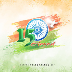 15th August, Indian Independence Day celebration concept with stylish text, Ashoka wheel on grungy color background.