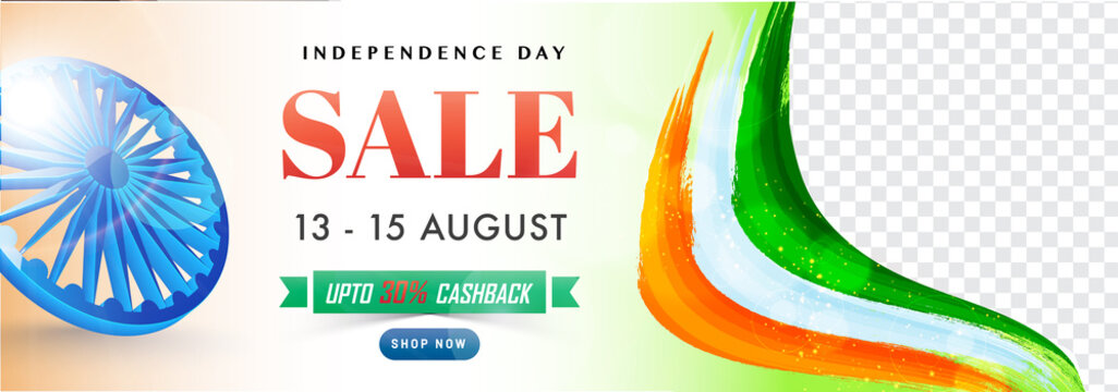 Indian Independence Day sale web header or banner design with Ashoka Wheel, and tricolors wave and space for your product image.