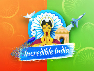 Incredible India text with traditional lady greeting namaste with flying dove and fighter plane, Indian Gate and peacock on saffron and green background.